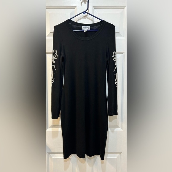 Joseph Ribkoff Little Black Dress Long Sleeve Goth Silhouette Embroidery Size 6 - Picture 1 of 8